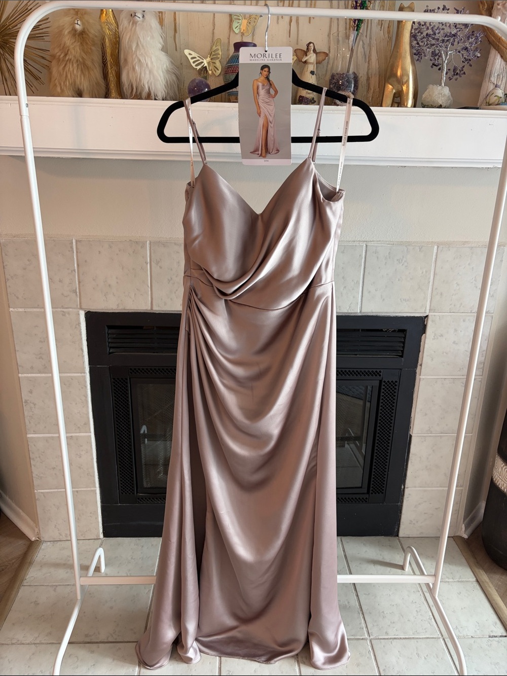 Mori Lee Satin Cowl Neck Prom Dress — Rose Taupe